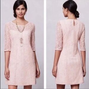Anthropologie Maeve Lefkara 3/4 Sleeve Sheath Pockets Pink Lace Dress La…